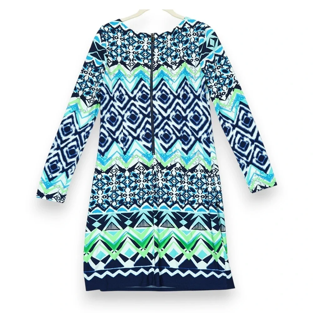 Vince Camuto Shift Dress Geometric‎ Pattern Long Sleeve Zip Up Size 6 MSRP $128